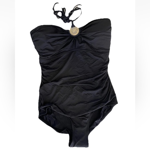 Michael Kors Black Halter Logo MK One Piece Ruched Swimsuit Sz 12 Large Bandeau - Picture 2 of 10